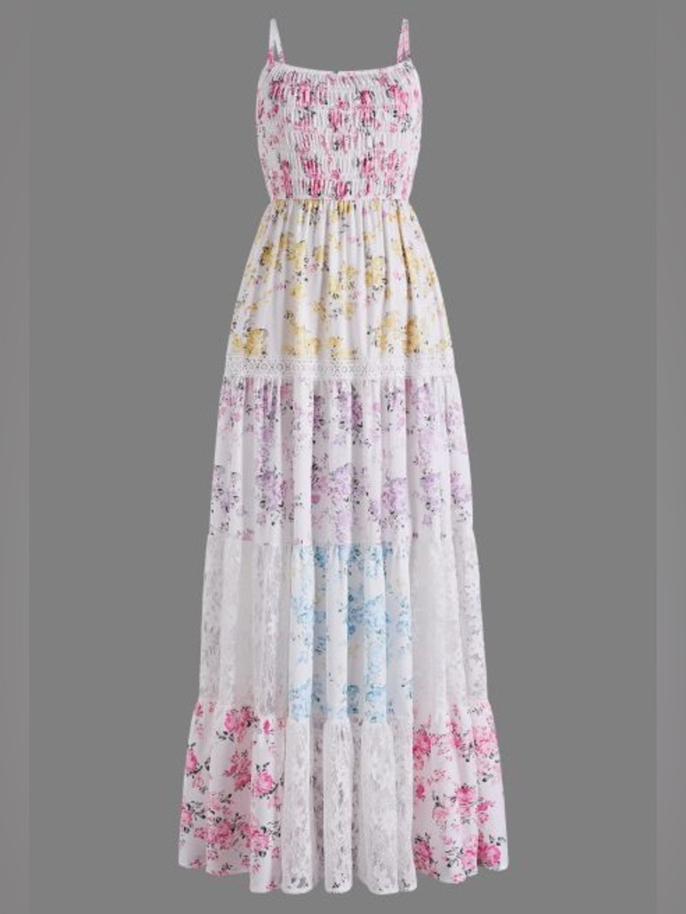 FLORAL LACE PANEL CAMI SHIRRED MAXI DRESS - Picture 2 of 6
